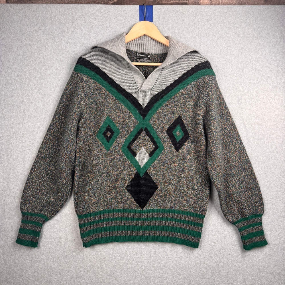 Vintage JCPenney Sweater Mens Medium Green Geometric Orlon Acrylic Grandpacore